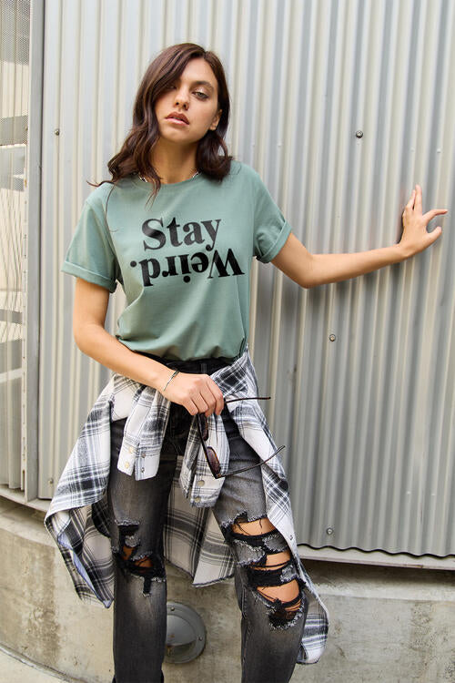 STAY WEIRD Short Sleeve T-Shirt - Kawaii Stop - 100% Cotton, Basic Style, Celebrate Individuality, Easy Care, Embrace Uniqueness, Opaque Fabric, Premium Quality, Ship From Overseas, Short Sleeve T-Shirt, Simply Love, Slightly Stretchy, Stay Weird Tee, T-Shirt, Unconventional Fashion, Women's Fashion