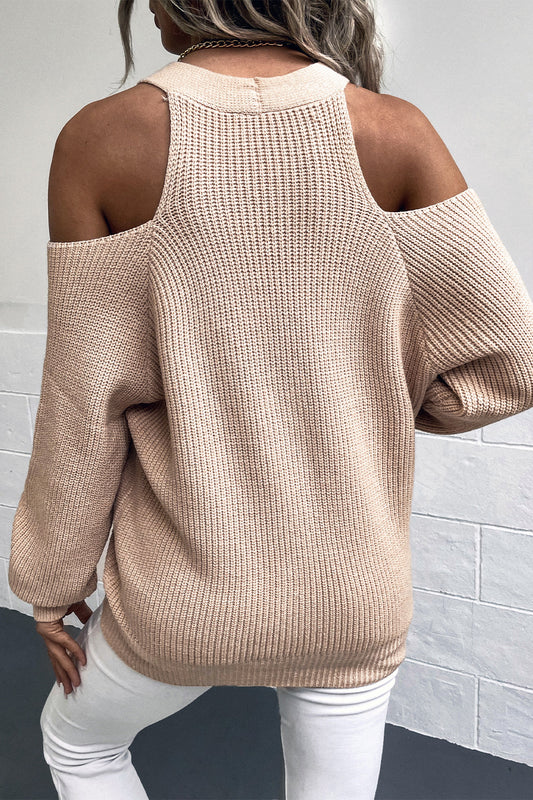 Cold Shoulder Plunge Neck Ribbed Cardigan - Kawaii Stop - Cardigan, Cardigans, Cold-Shoulder Sleeves, Comfortable Fabric, Drizzle, Fashion-Forward Look, Fashionable Style, Plunge Neck, Ribbed Cardigan, Ship From Overseas, Solid Pattern, Versatile Wardrobe Piece., Women's Clothing