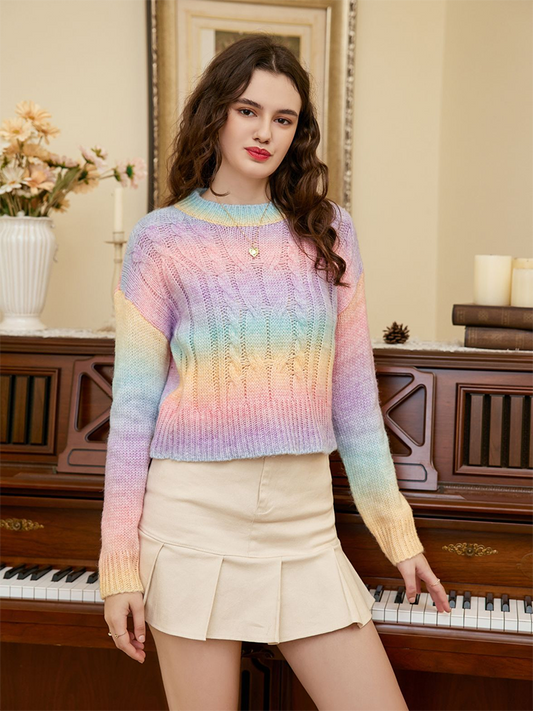 Rainbow Color Cable-Knit Dropped Shoulder Knit Top - Kawaii Stop - Acrylic Material, Blouse, Blouses, Cable-Knit Sweater, Casual Elegance, Chic Outfit, Colorful Knit, Cozy Winter Wear, Dropped Shoulder, Fashion Essentials, Fashionable Stripes, HS, Long Sleeve, Rainbow Knit Top, Round Neck, Seasonal Fashion, Ship From Overseas, Stylish Wardrobe, Trendy Top, Wardrobe Must-Have, Winter Fashion, Women's Clothing, Women's Knitwear