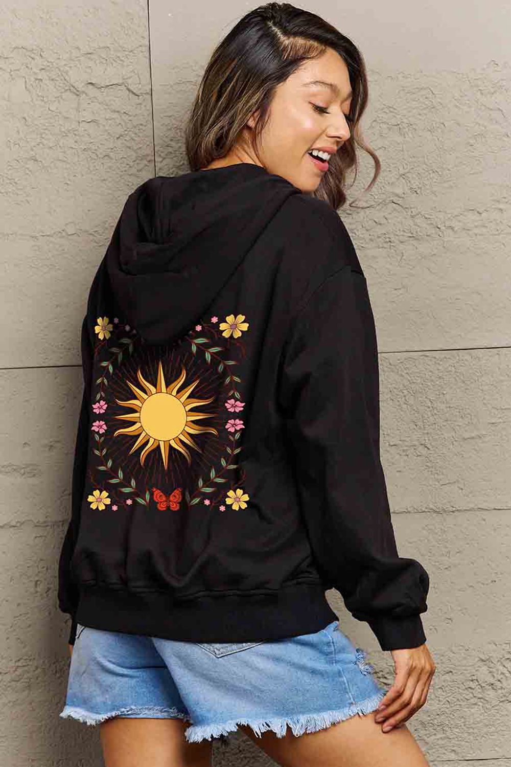 Sun Graphic Hooded Jacket - Kawaii Stop - Casual Style, Cozy Comfort, Dropped Shoulders, Everyday Fashion, Graphic Jacket, Hooded, Hoodies, Positive Vibes, Radiate Warmth, Ship From Overseas, Shipping Delay 09/29/2023 - 10/04/2023, Simply Love, Softness and Slight Stretch, Sun Design, Sweatshirts, Women's Apparel, Women's Clothing