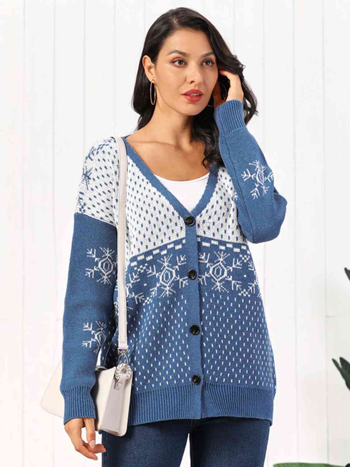 Snowflake Button Down Cardigan - Kawaii Stop - A@Y@M, Acrylic Cardigan, Casual Elegance, Chic Layering, Christmas, Cold Weather Wardrobe, Comfy Winter Clothes, Cozy Style, Fashion Forward, Fashionable Outerwear, Ladies' Winter Apparel, Seasonal Must-Have, Ship From Overseas, Snowflake Cardigan, Snowflake Design, Snowflake Pattern, Stylish Button Down Cardigan, Trendy Knit Cardigan, Versatile Knitwear, Warm and Stylish, Winter Fashion, Women's Clothing, Women's Sweaters