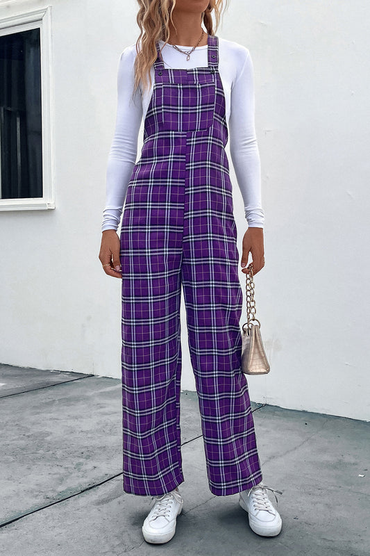Plaid Straight Leg Overalls - Kawaii Stop - 100% Polyester, Buttoned Detail, Capris, Classic Style, Comfortable Fit, Easy Care, Fashion, Fashionable, Hundredth, Overalls, Pants, Plaid Pattern, Ship From Overseas, Timeless, Women's Clothing