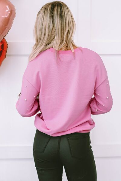 Pearl Round Neck Dropped Shoulder Sweatshirt - Kawaii Stop - Basic Style, Comfortable, Cotton Blend, Cozy, Easy Care, Fashion, Imported, Opaque Fabric, Polyester, Ship From Overseas, Size Range, Slightly Stretchy, Stylish, Sweatshirt, SYNZ, Trendy Look, Versatile, Wardrobe Essential, Women's Fashion