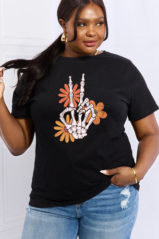 Full Size Skeleton Hand Graphic Cotton Tee - Kawaii Stop - Comfortable Wear, Cotton Shirt, Dark Elegance, Easy Care, Fashionable, Halloween, Ship From Overseas, Shipping Delay 09/29/2023 - 10/02/2023, Short Sleeve, Simply Love, Skeleton Hand Graphic Tee, Statement Piece, Stylish Look