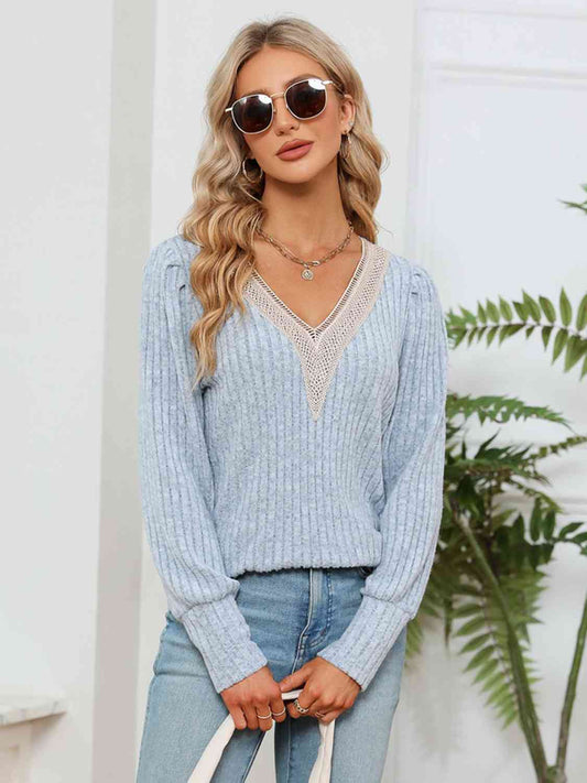 Lace Detail V-Neck Ribbed Blouse - Kawaii Stop - A@X@Y, Blouses, Ship From Overseas