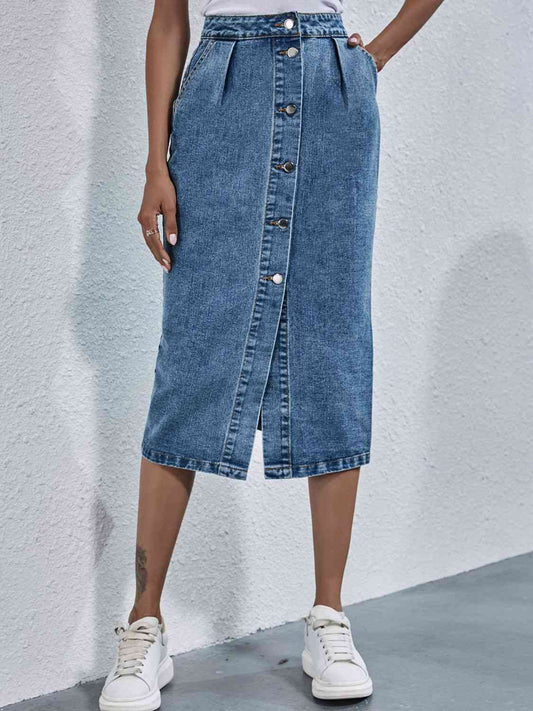 Button Down Denim Skirt - Kawaii Stop - A-Line Hem, Button Down Design, Chic Style, Classic Appeal, Denim Skirt, Everyday Elegance, High-Quality Material, Midi Length, Nostalgic Look, Ship From Overseas, Skirts, Timeless Fashion, Versatile Skirt, Wardrobe Essential, Y@X@N@H