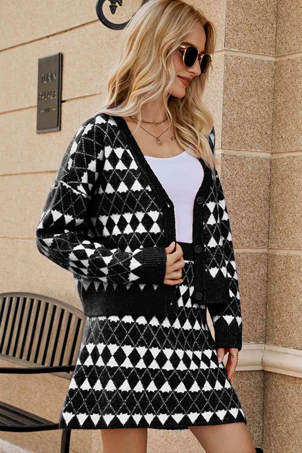 Geometric Dropped Shoulder Cardigan and Knit Skirt Set - Kawaii Stop - Buttoned Cardigan, Casual Fashion, Chic Appearance, Christmas, Comfortable Fit, Coordinated Outfit, Easy Care Apparel, Everyday Wear, Geometric Pattern, Knit Skirt, Modern Fashion, Ship From Overseas, Trendy Look, Two-Piece Set, Unique Style, Versatile Ensemble, Women's Clothing, Yh