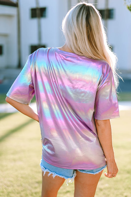 STAY WILD Round Neck Short Sleeve Holographic Tee - Kawaii Stop - Chic Style, Chic Vibes, Dazzling Design, Hand Wash, Holographic Tee, Polyester Blend, Ship From Overseas, SYNZ, T-Shirt, T-Shirts, Tee, Versatile, Women's Clothing, Women's Top