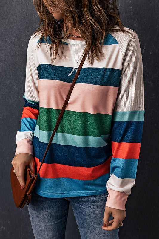 Striped Raglan Sleeve Round Neck Tee - Kawaii Stop - Casual Chic, Comfortable, Easy Care, Fashion, Imported, Long Sleeves, Multicolored Stripes, Raglan Sleeves, Regular Fit, Round Neck, Ship From Overseas, Striped Tee, SYNZ, T-Shirt, T-Shirts, Tee, Versatile, Wardrobe Essential, Women's Clothing, Women's Top