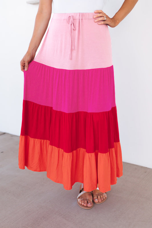 Color Block Tiered Maxi Skirt - Kawaii Stop - Casual Chic, Color Block, Comfortable Fit, Everyday Elegance, Fashionista's Choice, Highly Versatile, Maxi Skirt, Relaxed Style, Ship From Overseas, Skirt, Skirts, Stylish Design, SYNZ, Tie Detail, Trendy Look, Unique Design