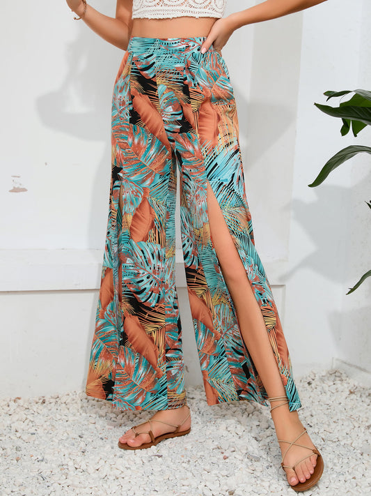 Printed Split Wide Leg Long Pants - Kawaii Stop - Bottoms, Capris, CATHSNNA, Chic Design, Comfortable Material, Fashion for Travel, Long Length, Pants, Printed Bottoms, Ship From Overseas, Shipping Delay 09/29/2023 - 10/03/2023, Stylish Trousers, Tropical Fashion, Vacation Style, Wide Leg Pants, Women's Clothing