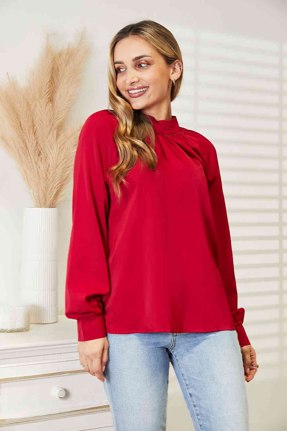 Cutout Gathered Detail Mock Neck Top - Kawaii Stop - Cutout Detail, Double Take, Easy Care, Gathered Detail, Mock Neck Top, Modern Style, Ship from USA, Solid Color, Versatile, Women's Fashion