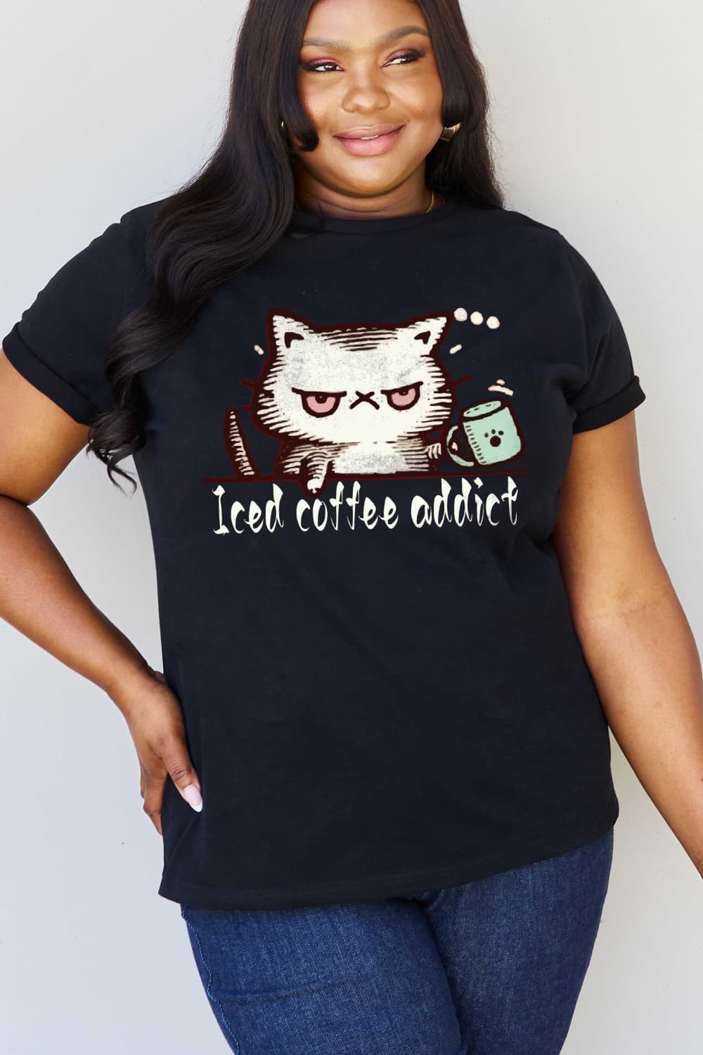 Full Size ICED COFFEE ADDICT Graphic Cotton Tee - Kawaii Stop - Casual Style, Coffee Addict, Coffee Lover Tee, Coffee Pride, Comfortable Fit, Easy Care, Fun Coffee Graphic, Graphic Cotton Shirt, Long Length, Relatable Outfit, Round Neck, Ship From Overseas, Shipping Delay 09/29/2023 - 10/02/2023, Short Sleeve Shirt, Simply Love, Slightly Stretchy, T-Shirt, T-Shirts, Tee, Trendy, Women's Clothing, Women's Fashion, Women's Top