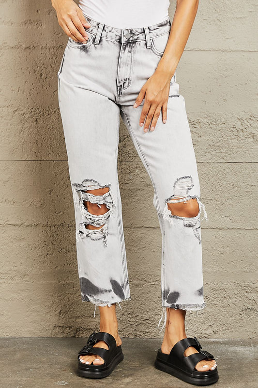 Acid Wash Accent Cropped Mom Jeans - Kawaii Stop - Acid Wash, BAYEAS, Chic Style, Cropped Mom Jeans, Distressed Details, High-Rise Design, Jeans, Jeans for Women, Machine Wash Cold, No Stretch, Ship from USA, Two-Tone Pattern, Women's Clothing, Women's Fashion