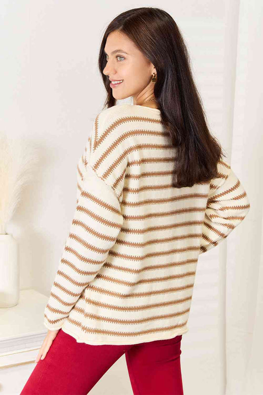 Striped Boat Neck Sweater - Kawaii Stop - Acrylic Blend, Classic Sweater, Double Take, Easy Care, Effortless Chic, Exposed Seam, Nautical-Inspired, Ship from USA, Slightly Stretchy, Sophisticated Style, Timeless Fashion, Versatile Wardrobe Essential