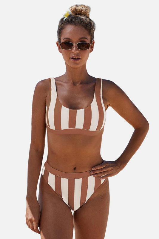 Striped Tank High Waist Bikini - Kawaii Stop - Breathable Material, Classic Beachwear, Crop Top Vest, High Waist Bikini, Quick Dry Bikini, Retro Beach Fashion, Ship From Overseas, Striped Swimwear, Swim, Swimsuits, Swimwear, SYNZ, Two Piece Swimsuits, Vintage-Inspired Swim Outfit, Women's Clothing