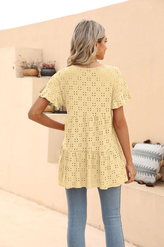 Openwork Round Neck Flounce Sleeve Blouse - Kawaii Stop - Blouse, Blouses, Casual Blouse, Casual Elegance, D&Yi, Elegant Design, Flounce Sleeves, Openwork Details, Ship From Overseas, Shipping Delay 09/29/2023 - 10/04/2023, Stretchy Material, Women's Clothing, Women's Fashion