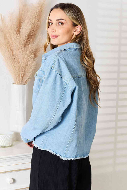 Dropped Shoulder Raw Hem Denim Jacket - Kawaii Stop - Cool and Casual, Cotton Blend, Denim Jacket, Double Take, Easy Care, Effortless Flair, Fashion-Forward, Raw Hem Detail, Relaxed Fit, Rugged Look, Ship from USA, Stylish Layering, Versatile, Wardrobe Essential